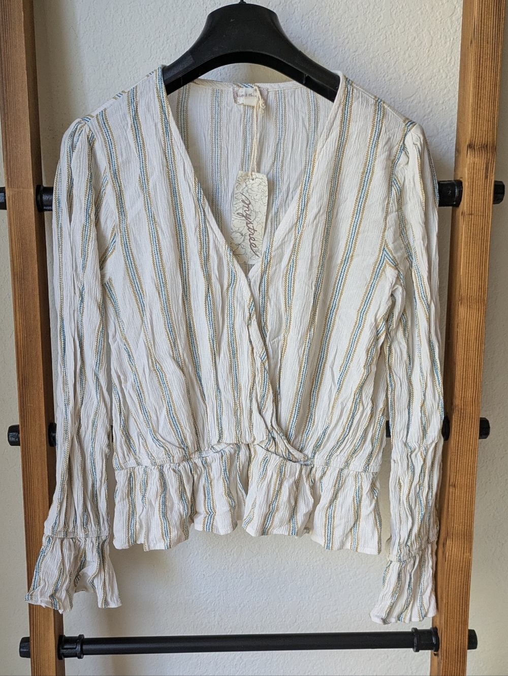 NWT Mystree Striped Wrap Blouse in Cream, Blue & Tan
